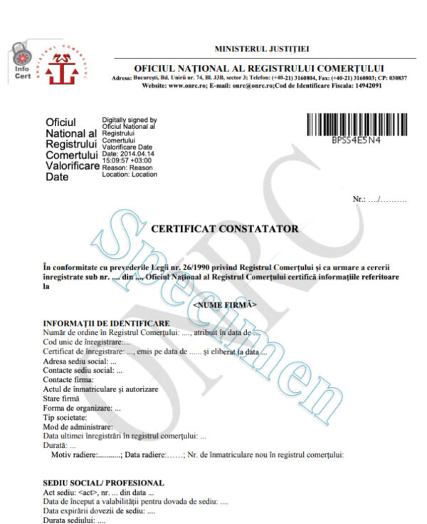 Un certificat constatator extins &icirc;n limba rom&acirc;nă, acest document oficial de &icirc;nregistrare a afacerilor prezintă c&acirc;mpuri de text, logo-uri oficiale și un filigran mare "Specimen" pe &icirc;ntreaga pagină.